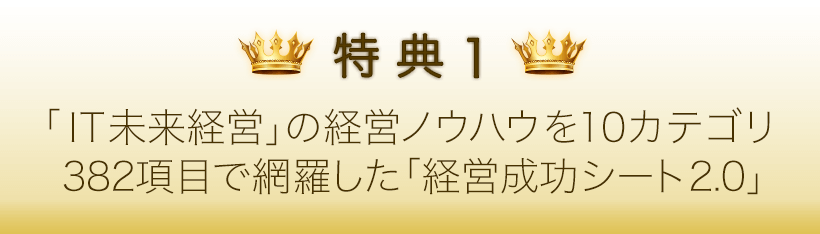 特典１．「ＩＴ未来経営」の経営ノウハウを10カテゴリ382項目で網羅した「経営成功シート2.0」