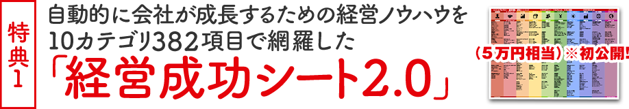 特典１ (５万円相当) ※初公開!!自動的に会社が成長すための経営ノウハウを10カテゴリ382項目で網羅した「経営成功シート2.0」